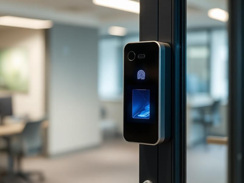 Biometric access terminal beside an office door